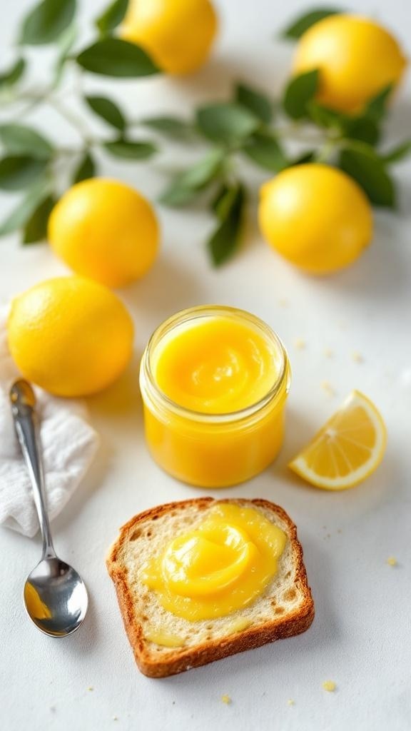 A jar of lemon curd on a slice of toast, surrounded by fresh lemons.