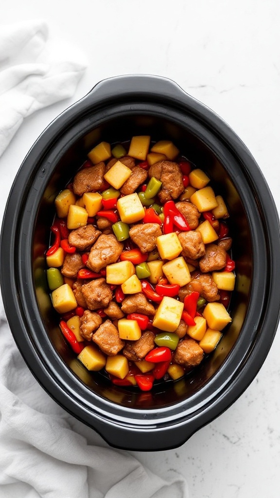 A bowl of sweet and sour pork cooked in a crockpot with colorful vegetables and pineapple.