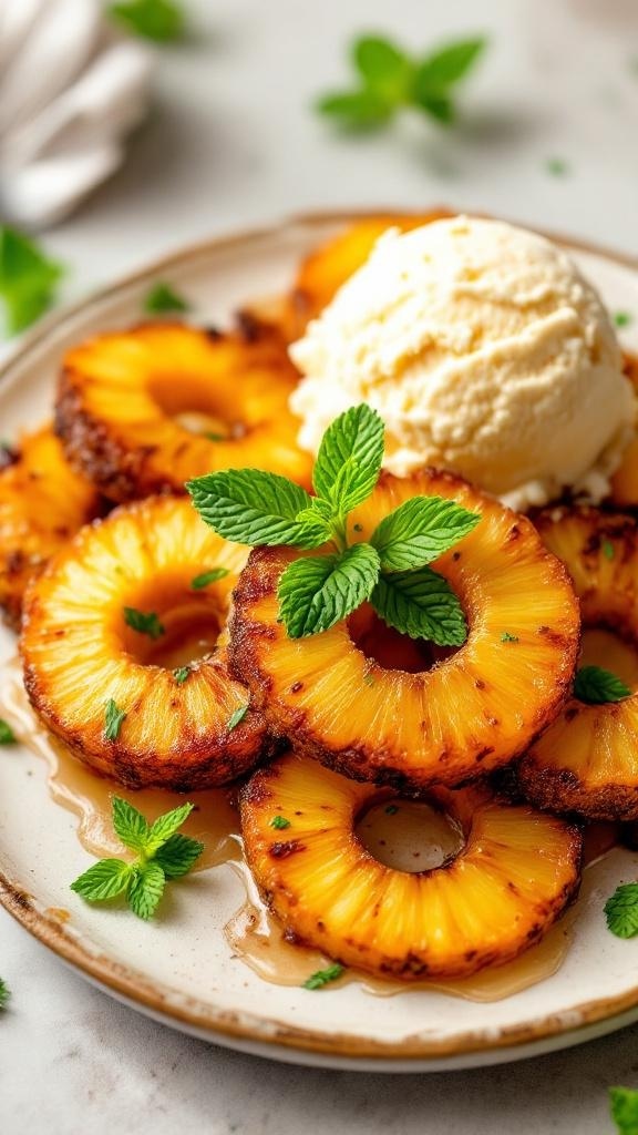 Air-fried pineapple rings served with ice cream and mint leaves