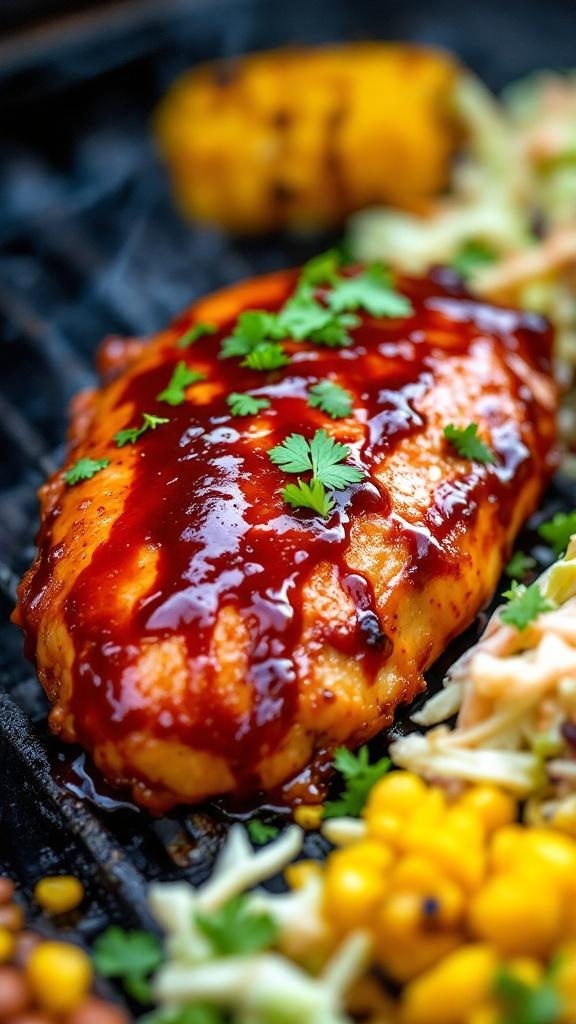 Sweet and spicy barbecue chicken breast with sauce and garnished with cilantro