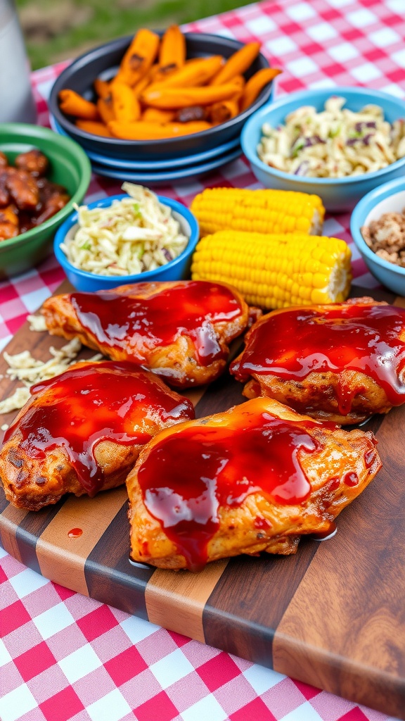 Sweet and Spicy BBQ Chicken Breasts served with sides