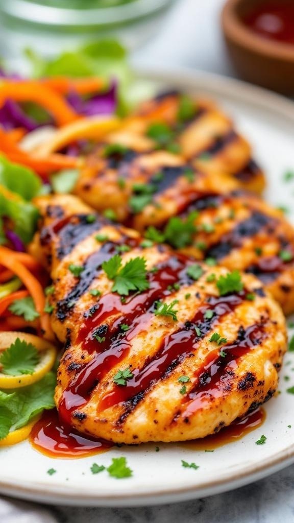 Grilled chicken tenders drizzled with sauce and garnished with cilantro, served with a colorful salad.