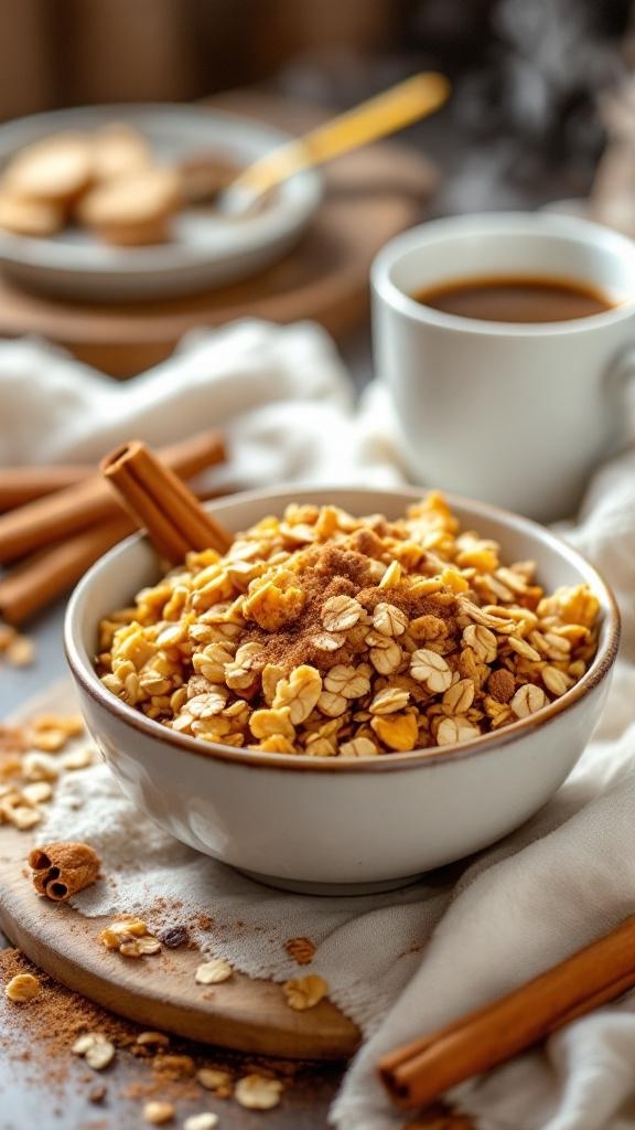 A bowl of maple cinnamon granola with cinnamon sticks and a cup of coffee in the background.