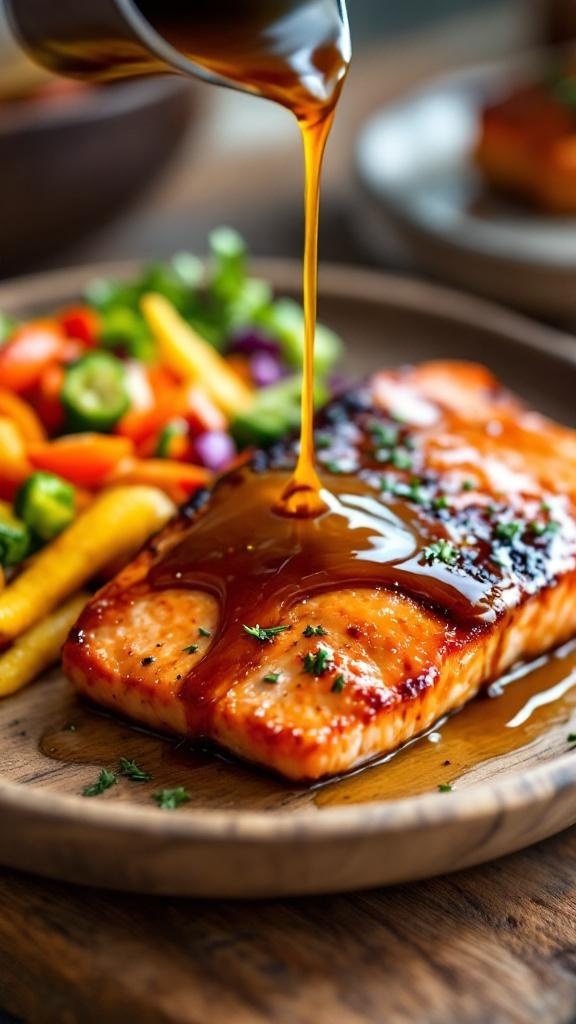 Sweet and Spicy Maple Glazed Salmon on a wooden plate with colorful vegetables
