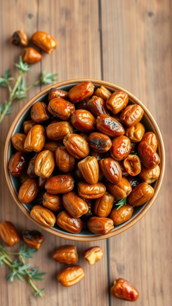 A bowl of sweet and spicy roasted nuts on a wooden table.