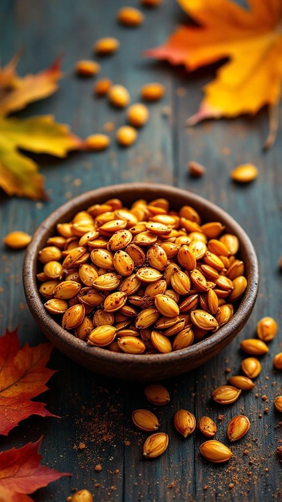 A bowl of sweet and spicy roasted pumpkin seeds surrounded by autumn leaves.