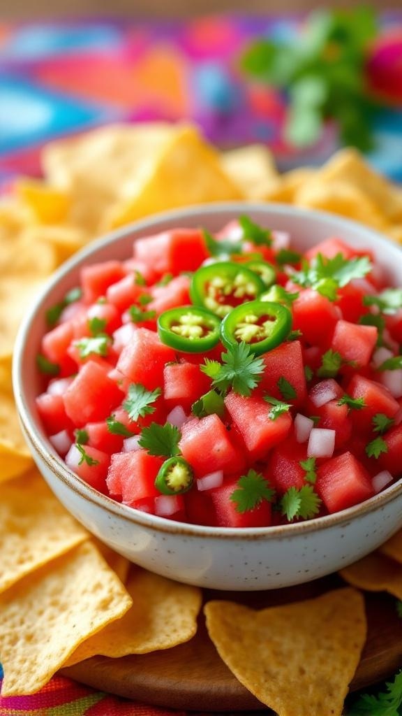 A bowl of sweet and spicy watermelon salsa surrounded by tortilla chips.