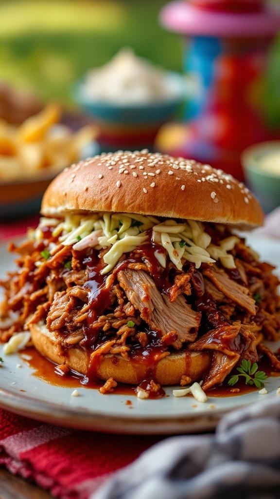 A delicious serving of Sweet and Tangy BBQ Pulled Pork on a sesame seed bun, topped with coleslaw.
