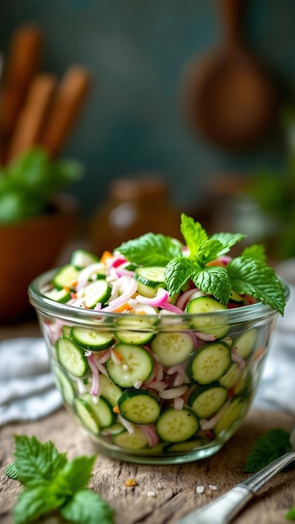 A bowl of sweet and tangy cucumber salad with mint leaves on top.