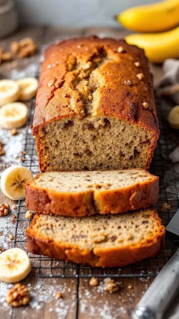 A loaf of sourdough banana bread sliced on a wire rack with bananas and walnuts around it.