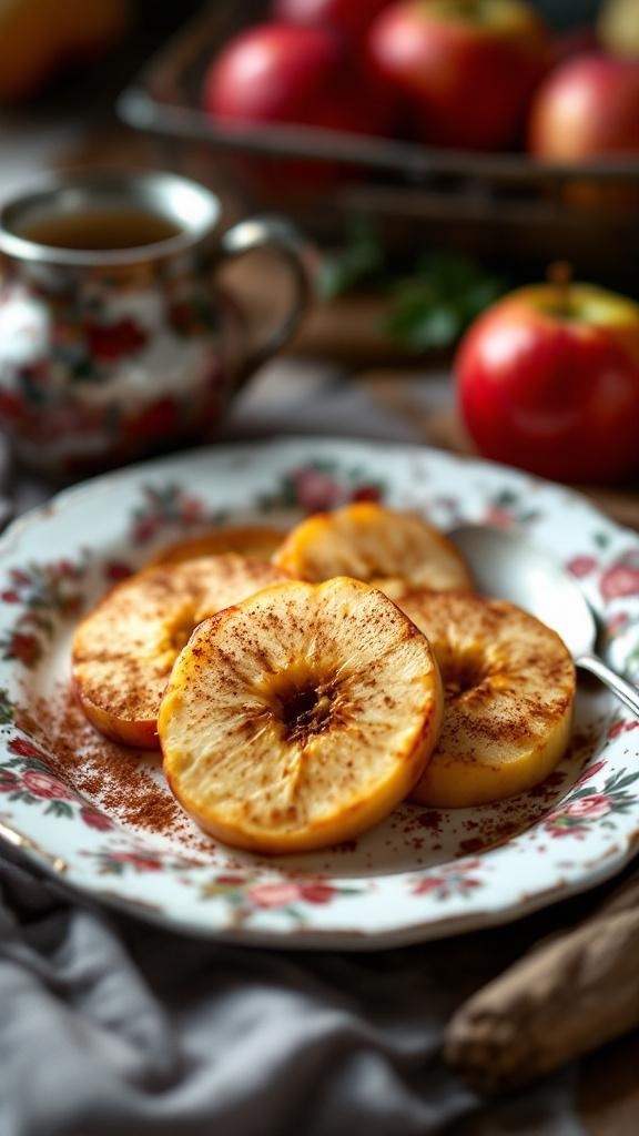 A plate of sweet cinnamon-spiced apple slices garnished with cinnamon.