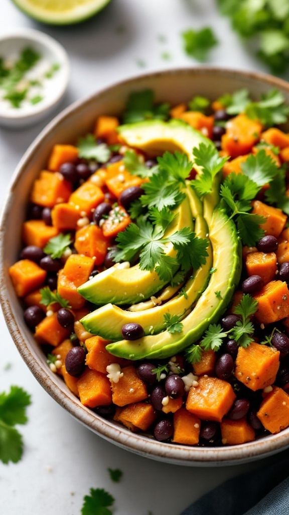 A colorful Sweet Potato and Black Bean Bowl topped with avocado and cilantro.