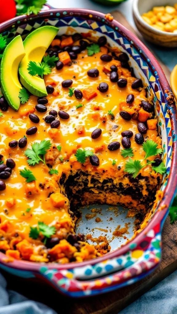 A colorful sweet potato and black bean casserole topped with cheese and garnished with cilantro.