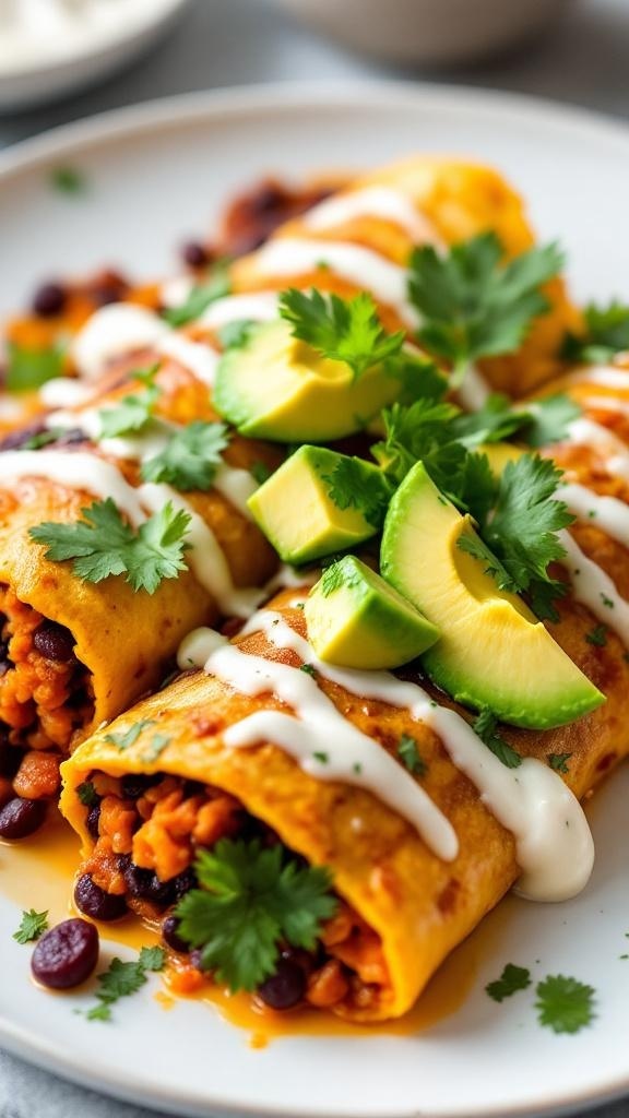 Sweet Potato and Black Bean Enchiladas topped with avocado and cilantro