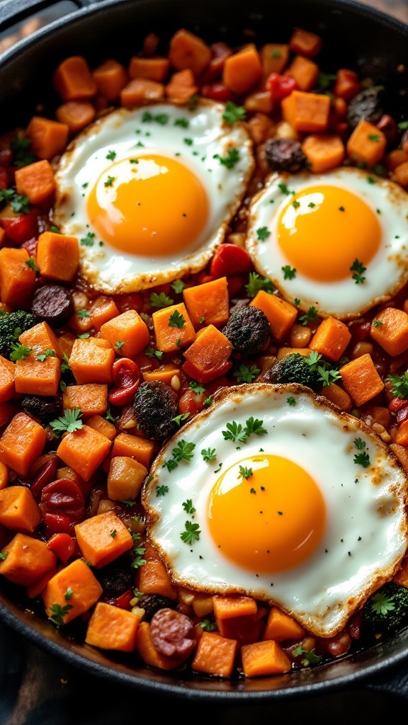 A delicious sweet potato hash topped with eggs