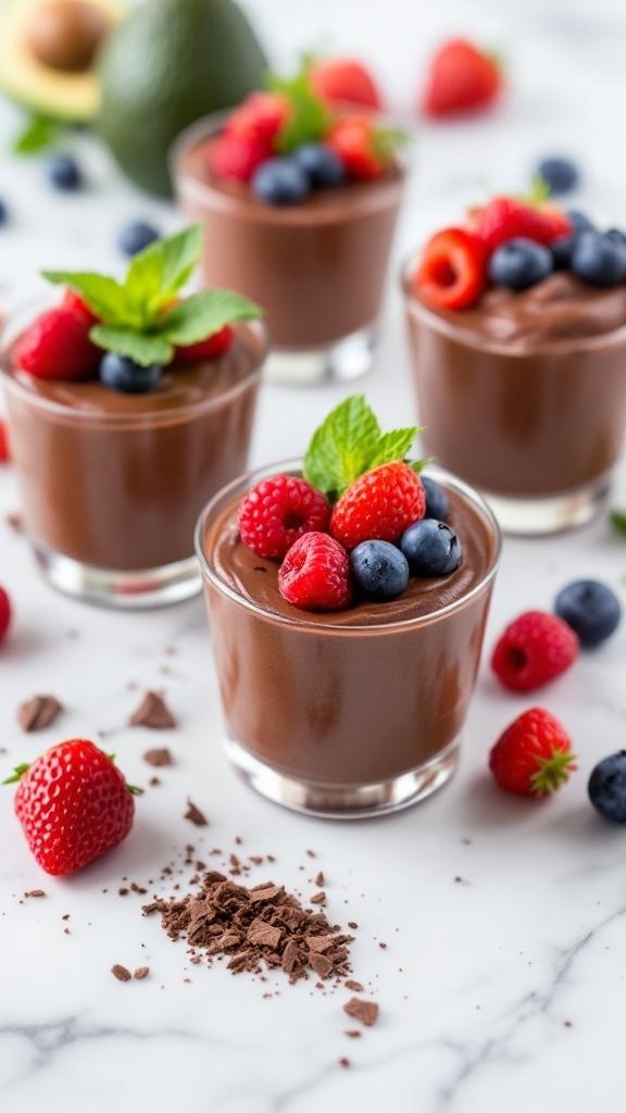 Creamy avocado chocolate mousse topped with fresh berries and mint leaves