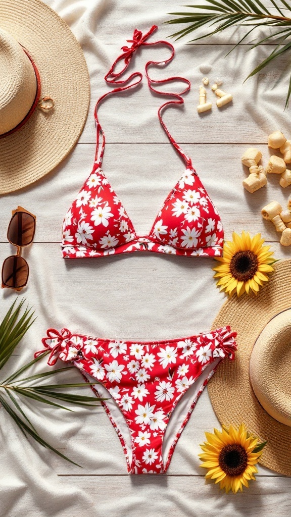 A vibrant red floral bikini laid out with accessories like a straw hat, sunglasses, and sunflowers.