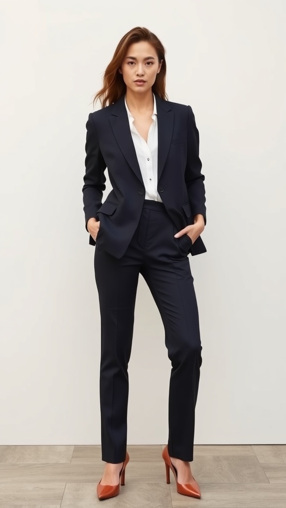 A black tailored blazer and trousers hanging on a rack.