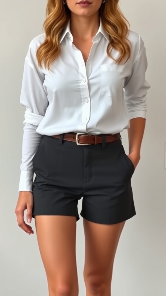 A man wearing tailored shorts and a button-up shirt, standing confidently on a city street.