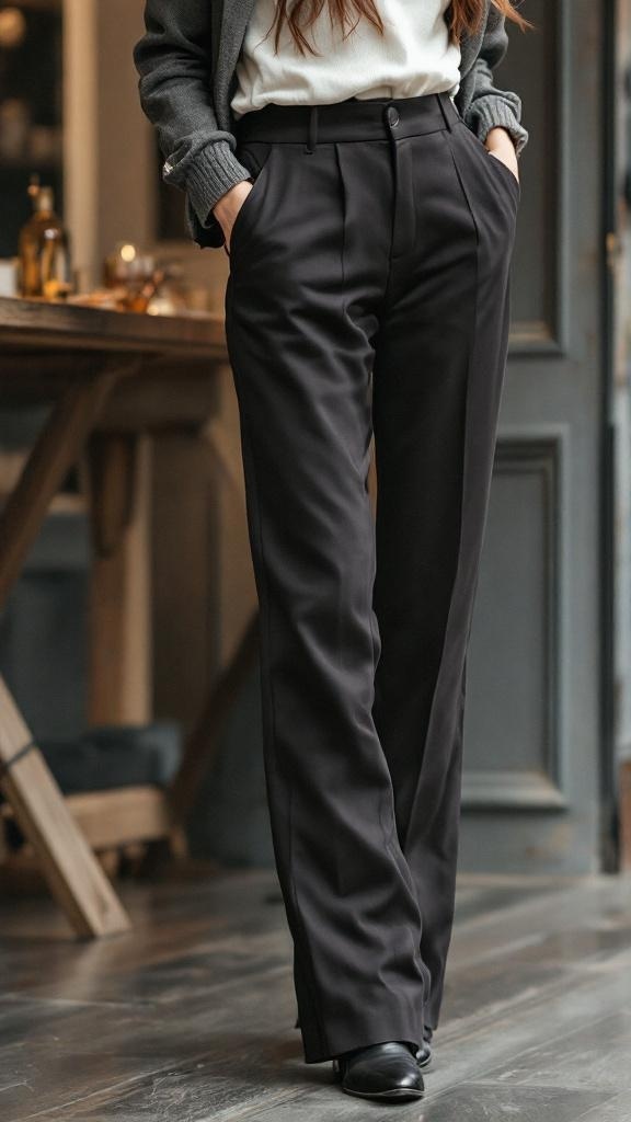 A woman wearing tailored black trousers with a gray blazer and a white sweater, standing in a stylish indoor setting.