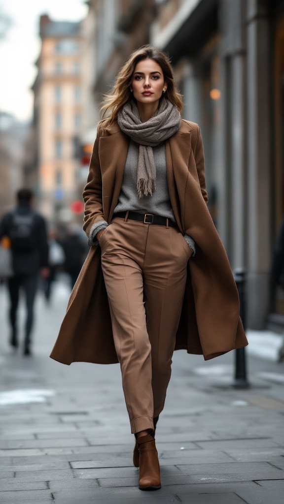Woman in tailored trousers walking down a city street, wearing a scarf and long coat.