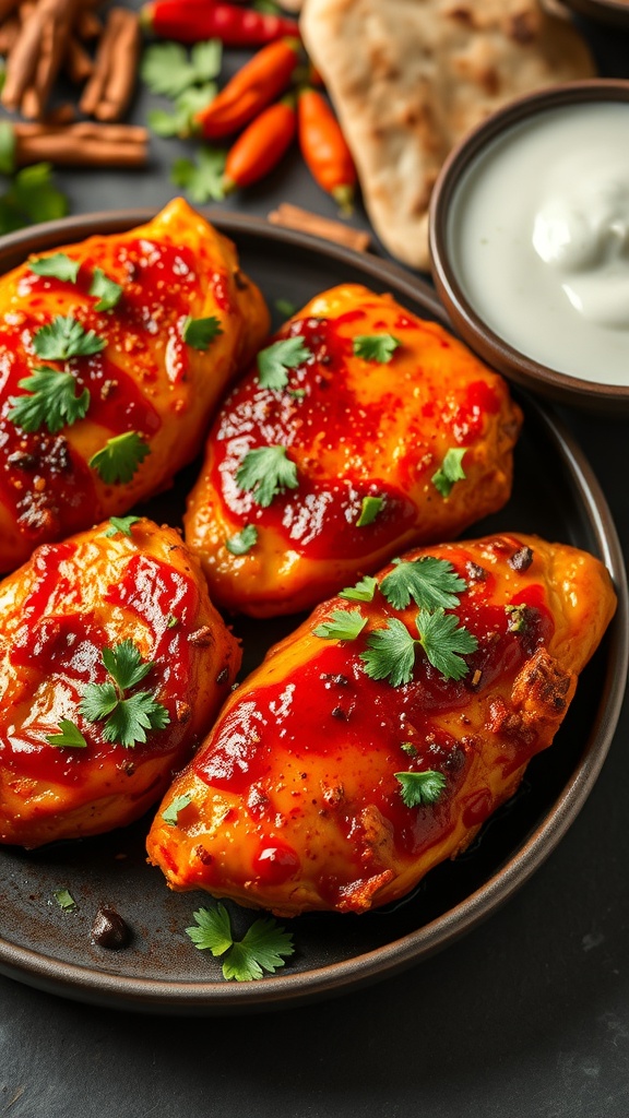 Tandoori chicken breasts garnished with cilantro, served with naan and yogurt sauce.