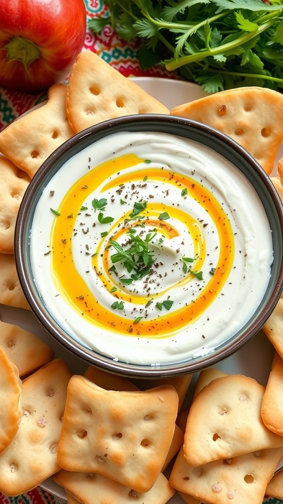 A bowl of tangy Greek yogurt dip surrounded by pita chips, garnished with herbs and olive oil.