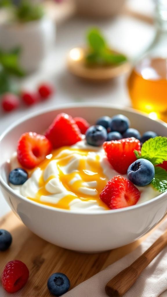 A bowl of Greek yogurt topped with fresh berries and honey.