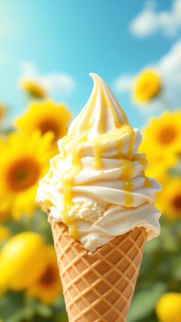A delicious swirl of lemon ice cream in a cone, with sunflowers in the background.