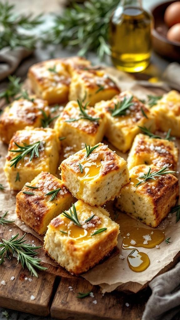 Tangy sourdough focaccia with rosemary, cut into squares and drizzled with olive oil.