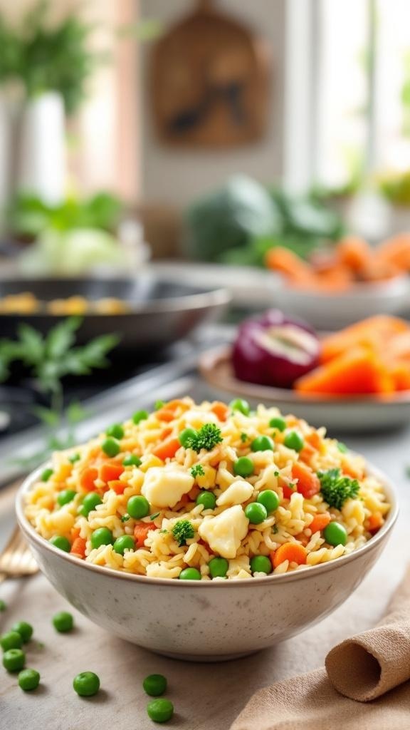 A bowl of colorful cauliflower fried rice with vegetables