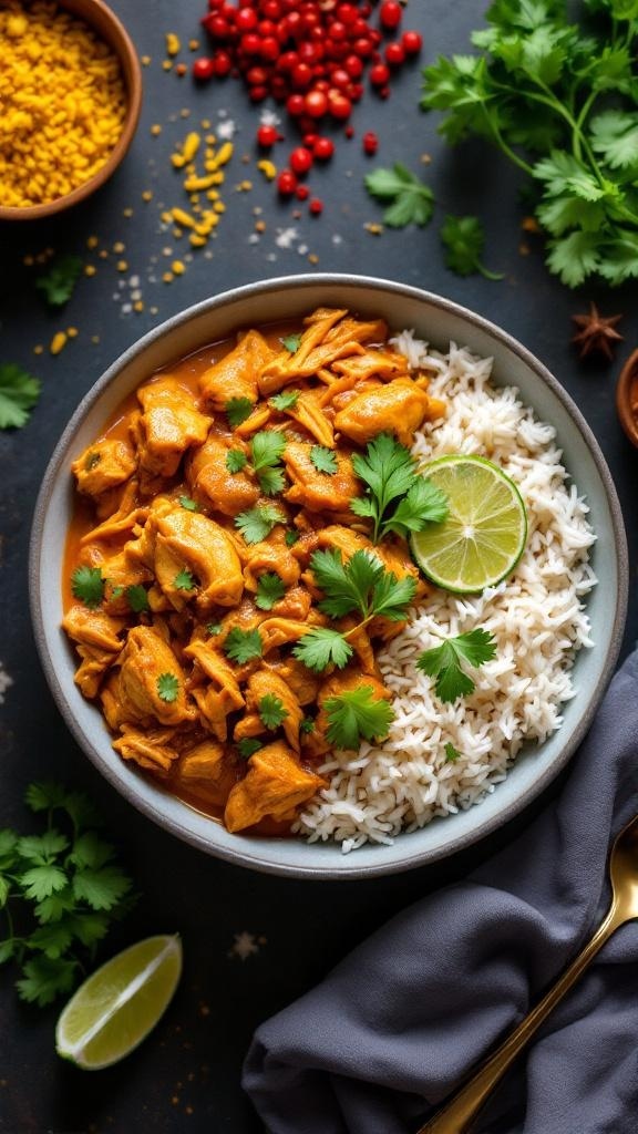 A bowl of shredded chicken curry served with rice, garnished with cilantro and lime.