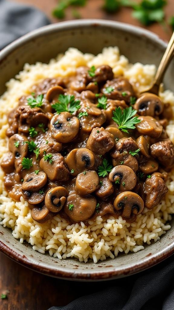 A bowl of Keto Beef Stroganoff served over cauliflower rice, garnished with parsley.