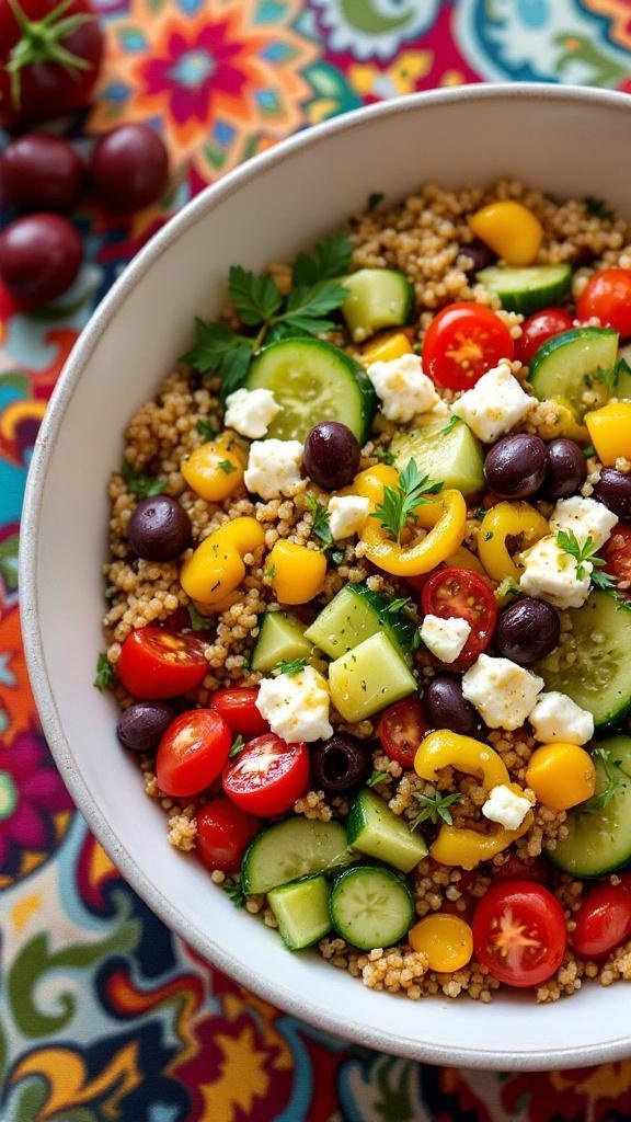 A colorful Mediterranean Quinoa Bowl filled with vegetables and feta cheese.