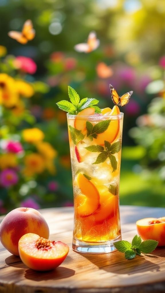 A refreshing glass of peach iced tea with mint leaves and peach slices, set in a vibrant garden.