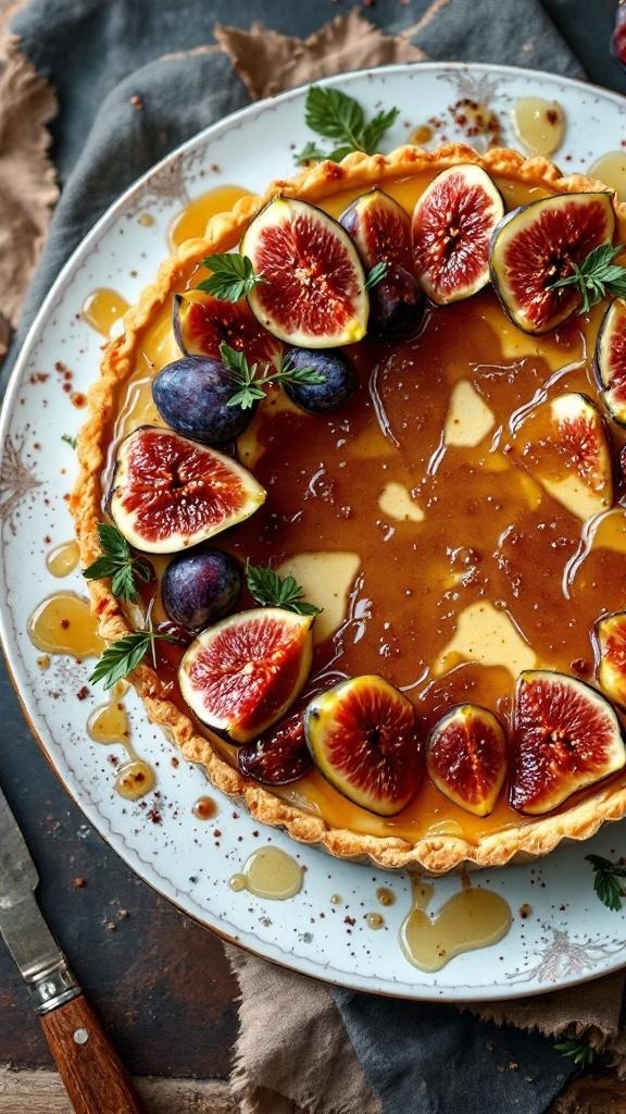 A delicious Mediterranean Fig and Honey Dessert on a plate, garnished with fresh figs and mint.