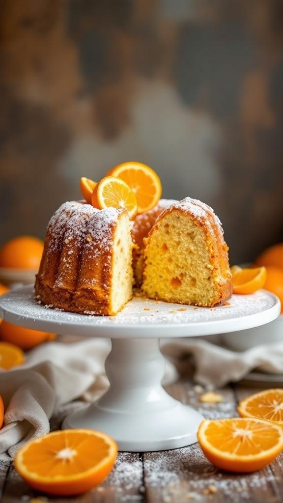 Mediterranean Orange Almond Cake on a white cake stand with orange slices