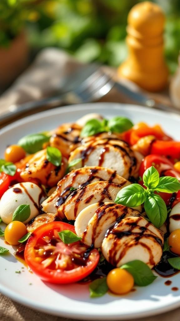 A vibrant Caprese salad with sliced chicken, tomatoes, mozzarella, and fresh basil drizzled with balsamic glaze.