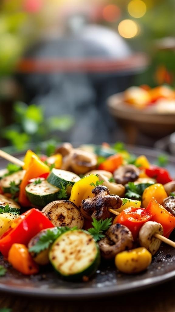 Colorful grilled vegetable skewers with zucchini, bell peppers, mushrooms, and cherry tomatoes on a plate.