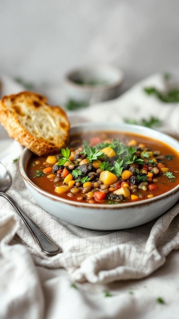 A bowl of lentil and vegetable soup with a piece of bread on the side.