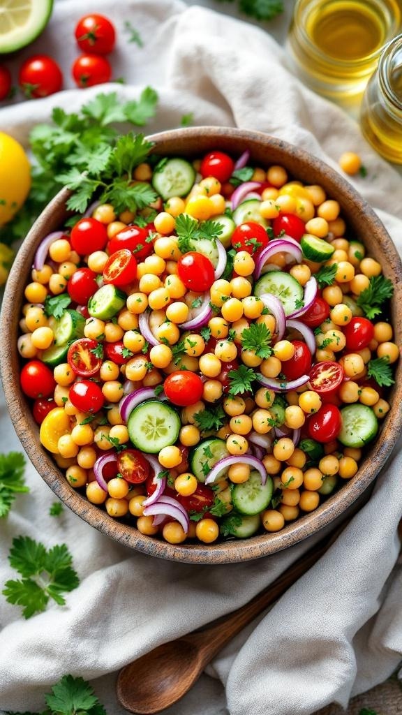 A colorful Mediterranean Chickpea Salad with chickpeas, cherry tomatoes, cucumbers, and herbs in a wooden bowl.