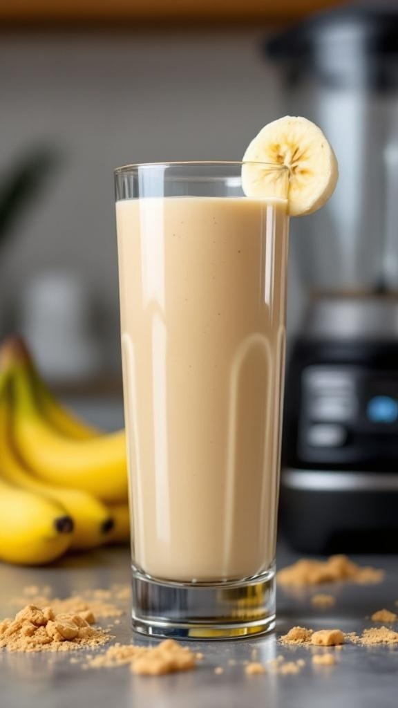 A glass of peanut butter and banana smoothie with a slice of banana on the rim, surrounded by bananas and peanut powder.