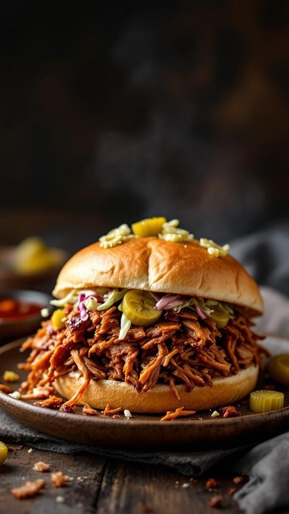 A delicious BBQ pulled pork sandwich topped with pickles and coleslaw, served on a soft bun.