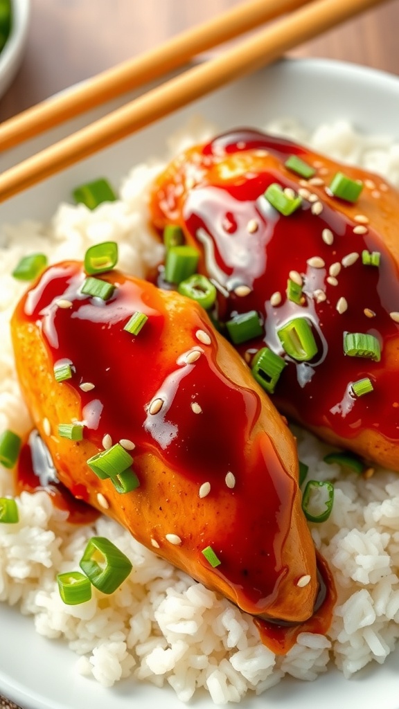 Teriyaki chicken breasts served over rice with green onions and sesame seeds