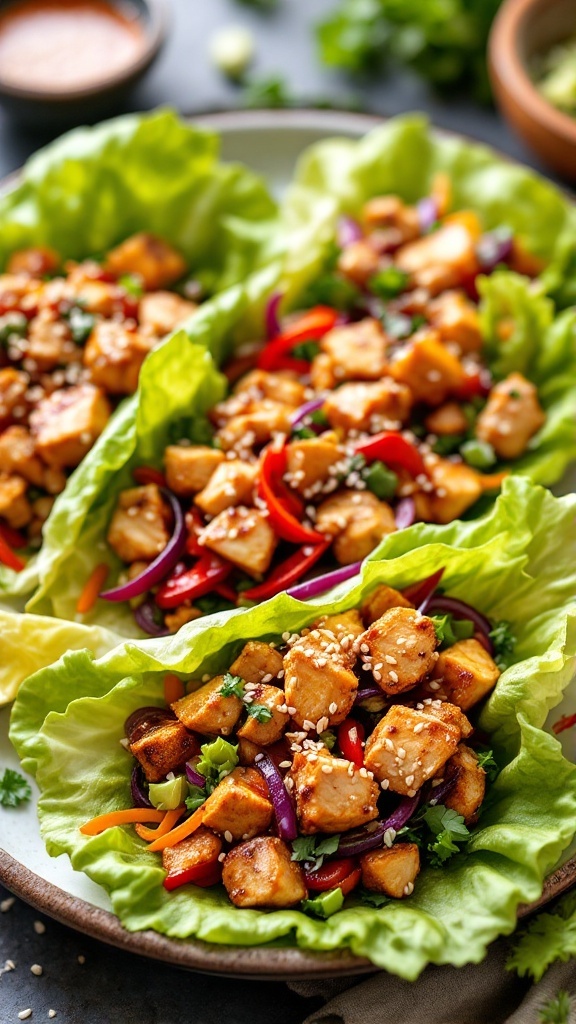 Delicious teriyaki chicken lettuce wraps filled with colorful vegetables and garnished with sesame seeds.