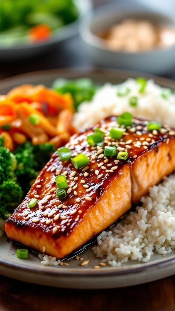A plate of Teriyaki Glazed Salmon garnished with sesame seeds and green onions, served with rice and vegetables.