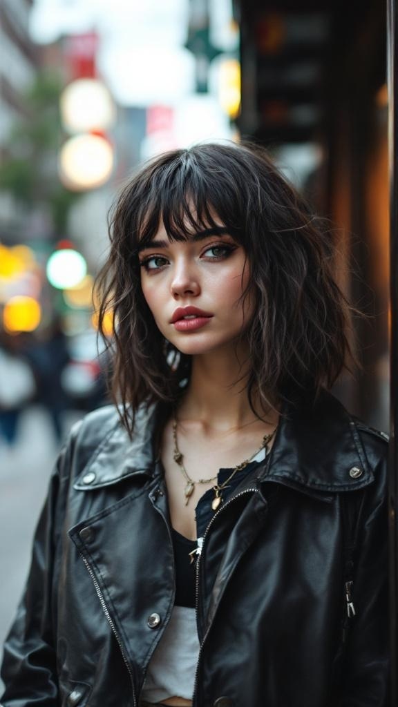 Model with textured curtain bangs and a leather jacket, exuding a stylish edge.