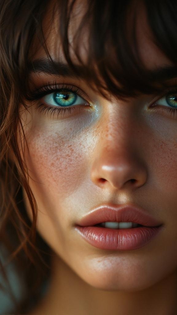 Close-up of a person with textured fringe hairstyle, highlighting facial features.