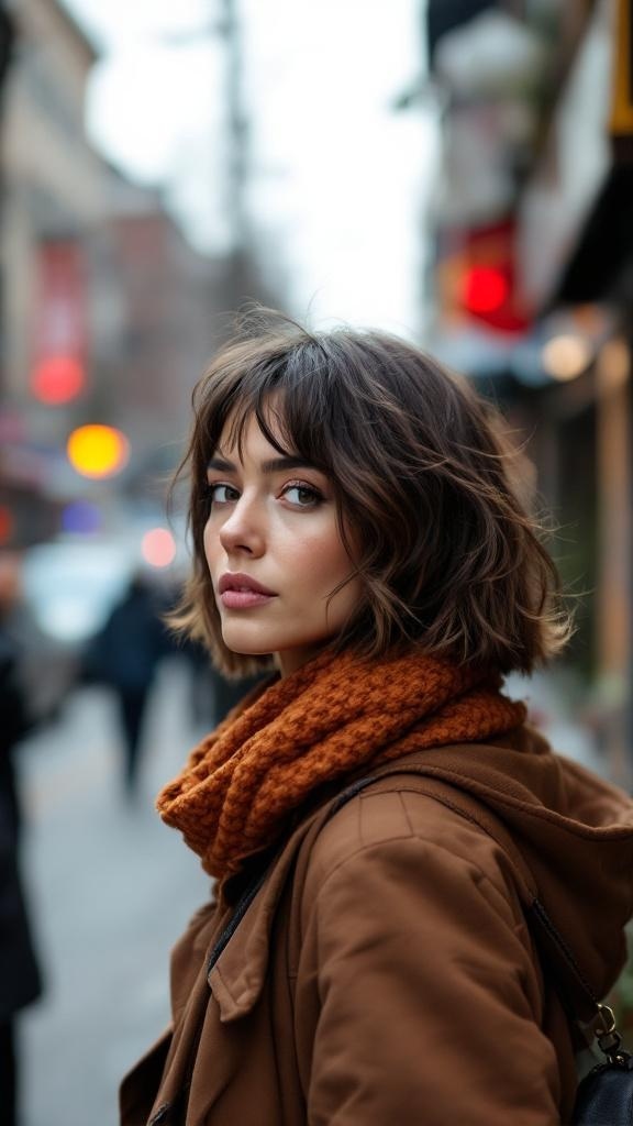 A woman with a textured lob cut, wearing a brown jacket and an orange scarf, standing on a city street.