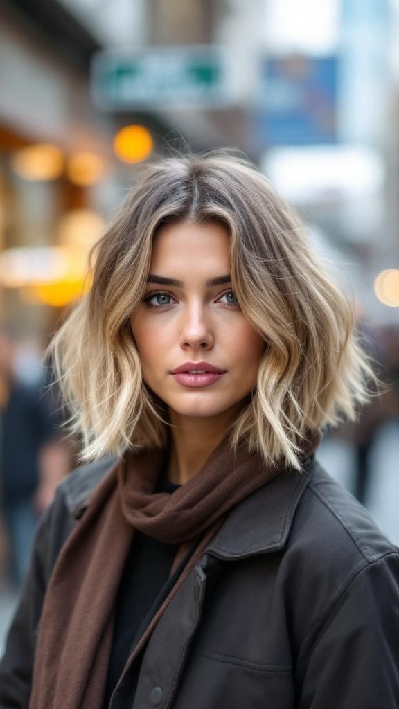 A woman with a textured lob hairstyle featuring highlights, wearing a brown scarf and a black jacket, standing in a city setting.